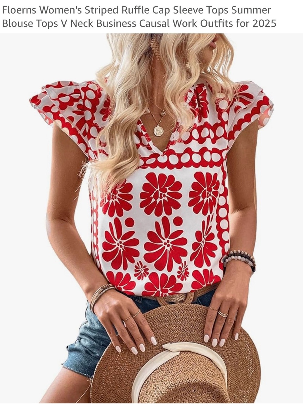Bright Red Floral V-Neck Flutter Sleeve Blouse